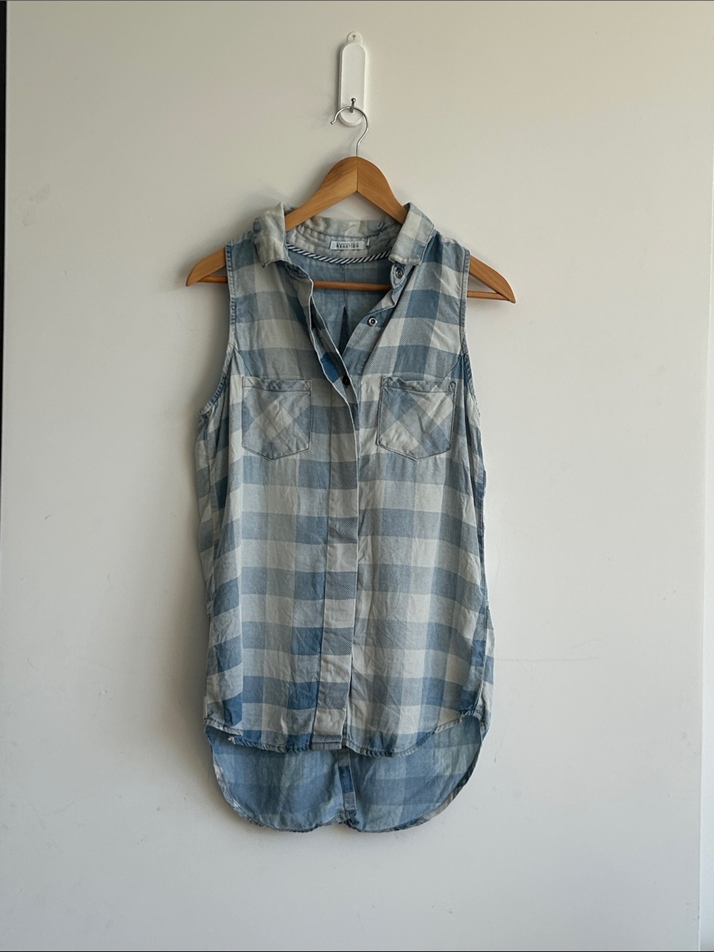 Kenneth Cole Reaction Blue Plaid Sleeveless Button Down Tunic 100% Tencel